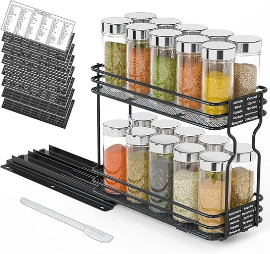 SpaceAid Pull Out Spice Rack Organizer for Cabinet, Heavy Duty Slide Out Seasoning Kitchen Organizer, Cabinet Organizer, with Labels, 4.5" W x10.75 D x8.5 H, 1 Drawer 2-Tier by SpaceAid