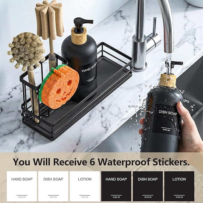 Moforoco Kitchen Dish Soap Dispenser Set, 16OZ Glass Bottle, Hand and Dish Soap Dispenser Set, Instant Dry Tray, Brush Holder with Smiley Face Sponge Holder (Black Tray+Black Bottle+Labels) - Image 2
