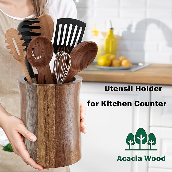 Utensil Holder, Acacia Wood Utensil Holder for Kitchen Counter, 360° Rotating Cooking Utensil Crocks for Countertop, 7.2" Large Utensil Organizer for Spatula Storage - Image 3