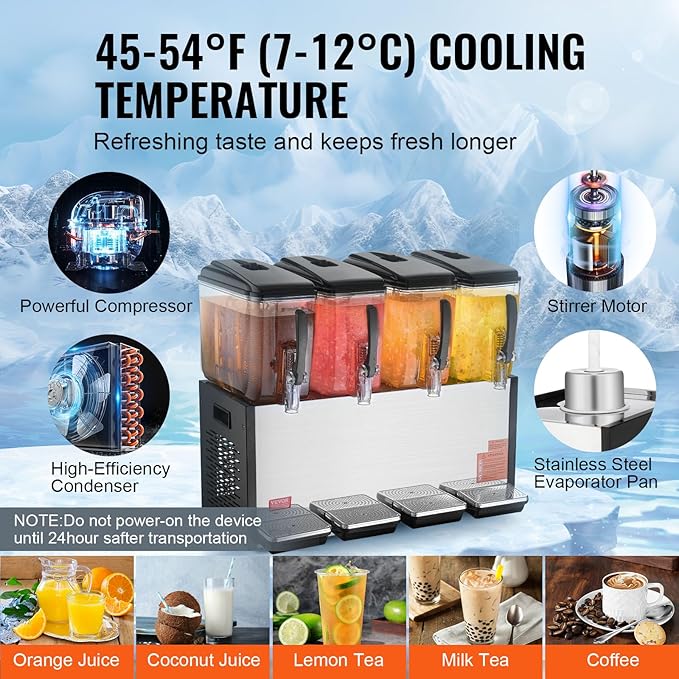 VEVOR Commercial Beverage Dispenser, 4 Tanks 12 L / 12.7 QT Per Tank Juice Dispenser, 510W Stainless Steel Ice Tea Drink Machine with 45°F-54°F Cooling Temperature, for Cold Drink Restaurant Bar Party - Image 3