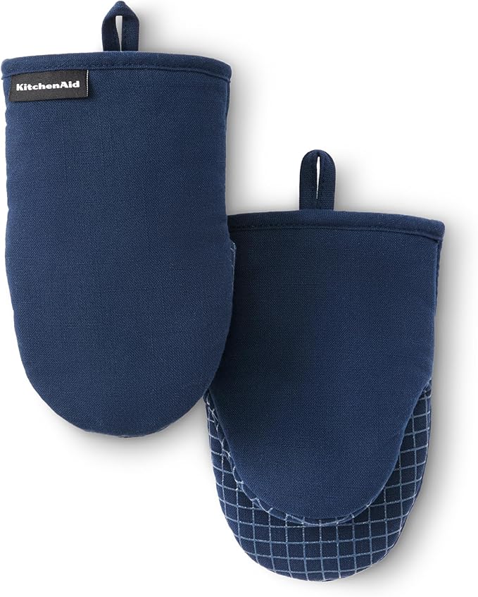 KITCHENAID Gourmet Series Gridlines Mini Oven Mitts 2-Pack Set, Heat Resistant up to 600°F, Soft Silicone Grip, Magnetic Cuff, Ink Blue, 5.5"x9" by KitchenAid