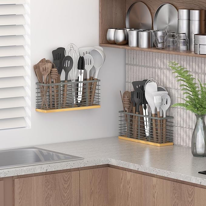 Suli Extra Large Kitchen Utensil Holder Countertop with 4 Compartments,Grey Metal holder with Wooden Base for Countertop,Farmhouse Utensil Organizer for counter,Rustic Cooking Utensil Organizer - Image 5