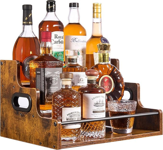 YQBRAO [Upgraded Rustic Wood Liquor Bottle Display Shelf, 3-Tier Liquor Shelf for Bar Counter, Coffee Syrup Rack Organizer with Handles & Metal Guardrail, Bar Bottle Stand for Home, Kitchen, Cafe