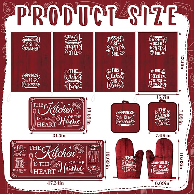 Fourluoo 10 Pcs Farmhouse Kitchen Decor and Accessories Set 4 Kitchen Towels 2 Pot Holders 2 Oven Mitts 2 Rugs for Cooking Baking Mom Housewarming Gifts(Red,Classic Style) - Image 4