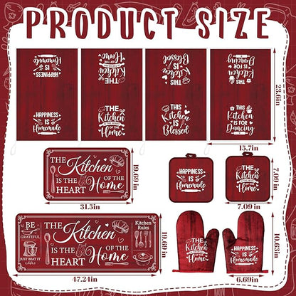 Fourluoo 10 Pcs Farmhouse Kitchen Decor and Accessories Set 4 Kitchen Towels 2 Pot Holders 2 Oven Mitts 2 Rugs for Cooking Baking Mom Housewarming Gifts(Red,Classic Style) - Image 4