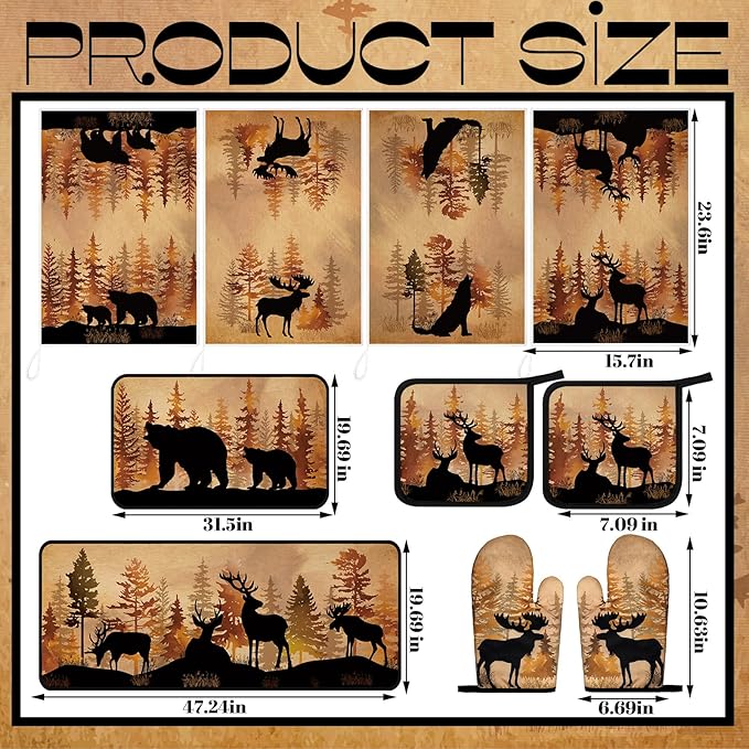 Fourluoo 10 Pcs Farmhouse Kitchen Decor Set 4 Brown Bear Kitchen Towels 2 Forest Wild Animal Pot Holders 2 Rustic Deer Oven Mitts 2 Vintage Forest Wildlife Rug for Cooking Baking Mom Housewarming Gift - Image 3