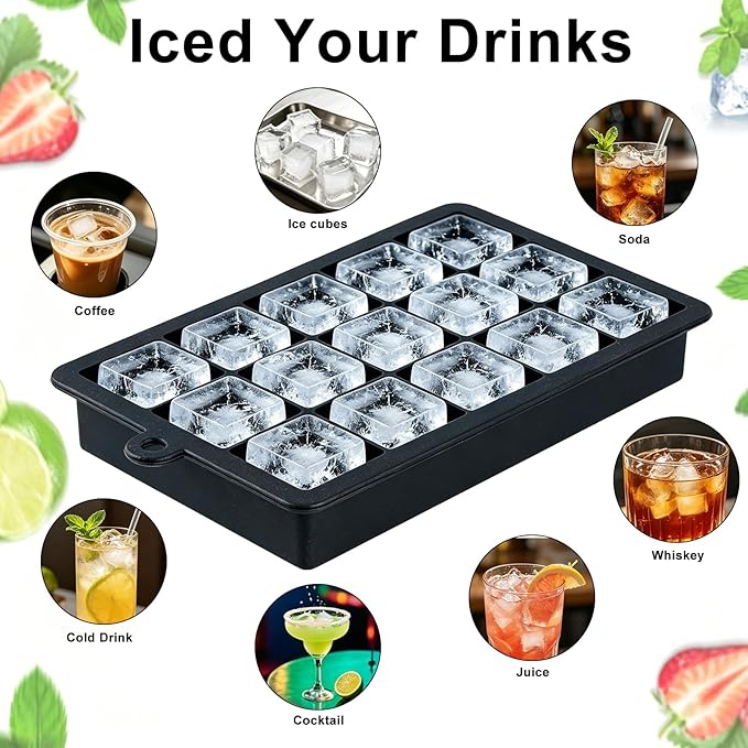 Premium Silicone Ice Cube Trays with Lid - 15 Large Square Ice Cubes for Whiskey, Cocktails, Coffee & More - BPA Free, Stackable, Easy Release & Dishwasher Safe - Black-2pack