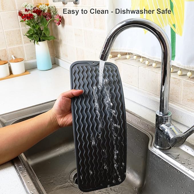 ZLR 2 Pcs Silicone Sponge Holder & Sink Caddy Tray (6" x 17") - Narrow Dish Drying Mat for Kitchen Counter - Waterproof Soap Dispenser Organizer, Non-Slip Bathroom Vanity Tray (Dark Gray) - Image 4