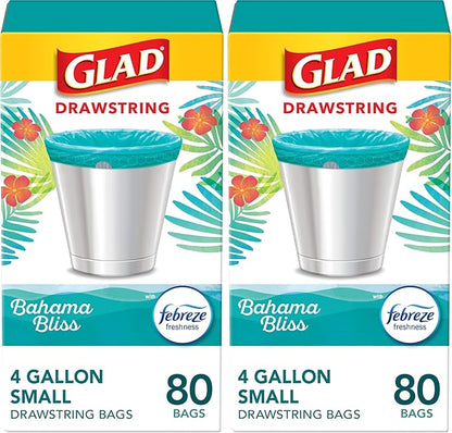 Glad Small Trash Bags 4 Gallon, Febreze Bahama Bliss Garbage Bags, Odor Resistant with Drawstring, 80 Count (Pack of 2)