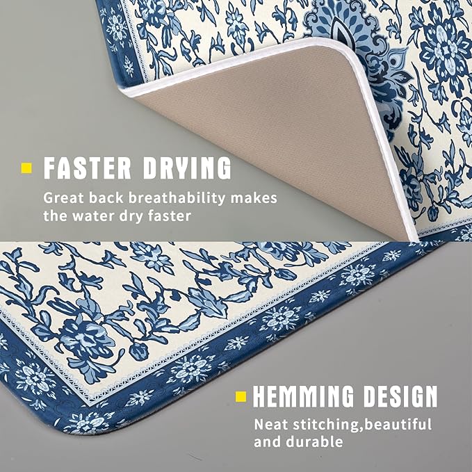Blue Floral Dish Drying Mat for Kitchen Counter 16x18 Chinoiserie Flower Print Vintage Absorbent Reversible Microfiber Drying Mats Kitchen Countertop Protector Dishes Drainer Rack Pad - Image 3