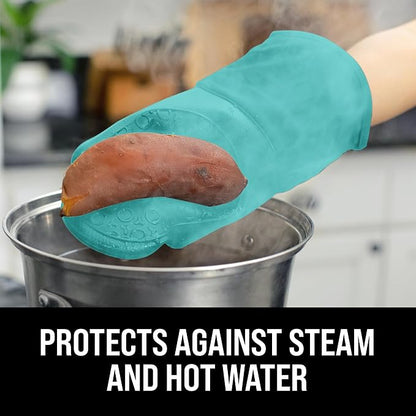 BPA-Free Soft Silicone Oven Mitts - Ultra Heat Resistant Oven Mitts with Thick Cotton Liner - Long Slip Resistant Pot Holders, Flexible Oven Gloves - Turquoise 13.7" - Image 4