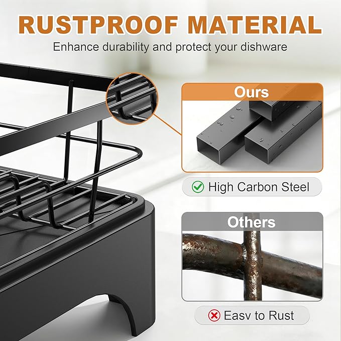 Dish Drying Rack for Kitchen Counter, Dish Rack, Dish Drainer for Kitchen with Built-in Drain, Stainless Steel Sink Organization and Storage Essentials with Cutlery Holder (17" x 13.4", Black)