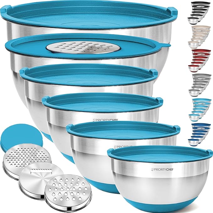 Priority Chef 6Pc Large Mixing Bowls With Lids Set with Non-Slip Bases, Stainless Steel Mixing Bowl Set, 6 Airtight Lids and 3 Graters, Turquoise by PriorityChef