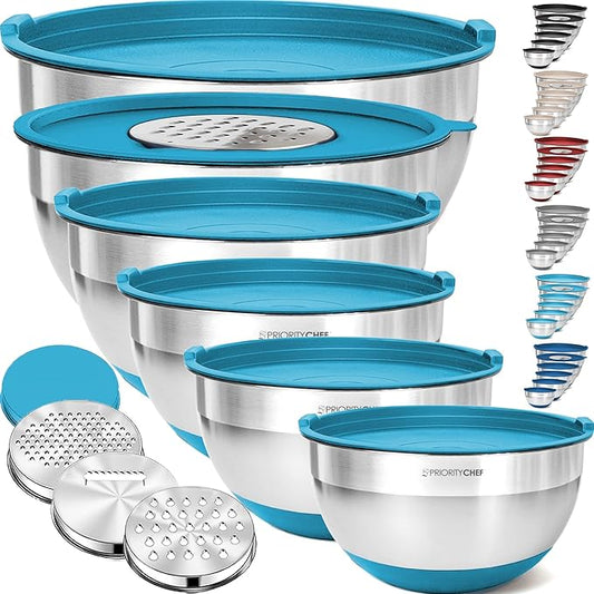 Priority Chef 6Pc Large Mixing Bowls With Lids Set with Non-Slip Bases, Stainless Steel Mixing Bowl Set, 6 Airtight Lids and 3 Graters, Turquoise by PriorityChef