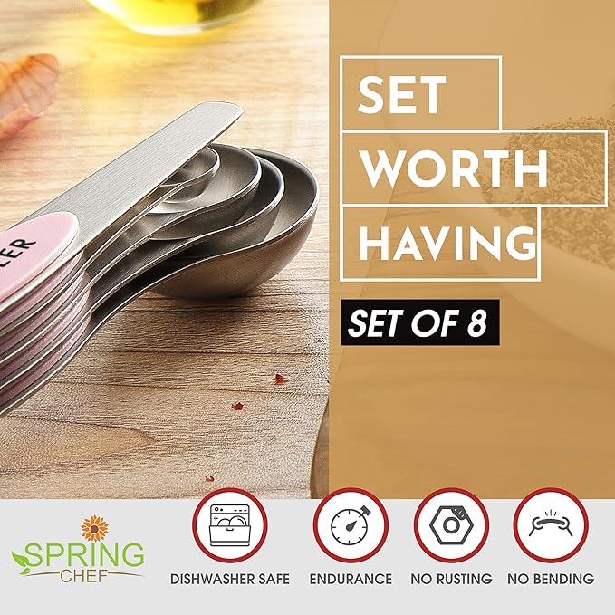 Spring Chef Stainless Steel Magnetic Measuring Spoons Set of 8 with Leveler, Dual Sided Teaspoon & Tablespoon Measuring Spoons with Strong Magnets, Kitchen Gadgets for Baking & Cooking - Pink Lemonade - Image 4