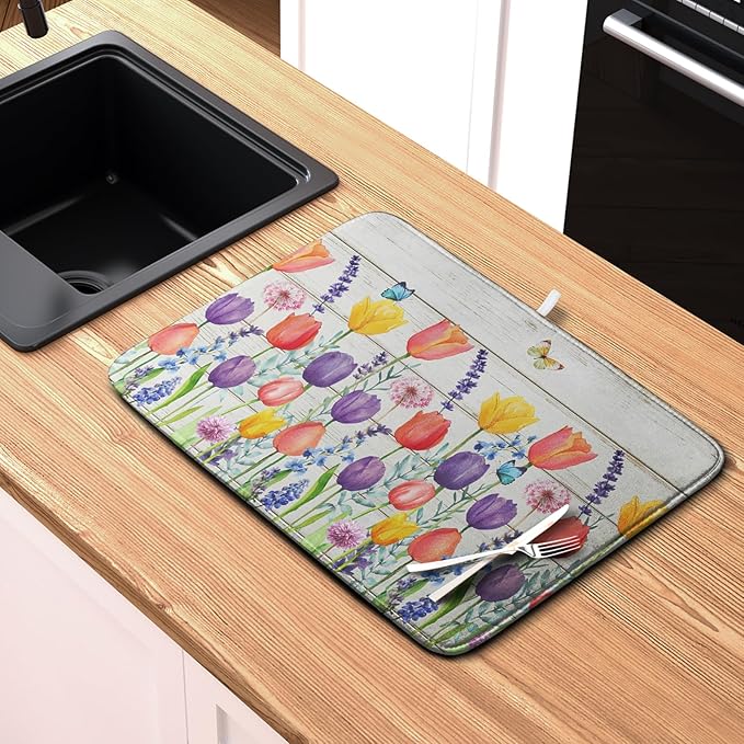 Tulip Floral Dish Drying Mat for Kitchen Counter Watercolor Spring Flower Dish Mat Absorbent Microfiber Dish Draining Mat Reversible Heat Resistant Dishes Pad Large 18 x 24 Inch - Image 6