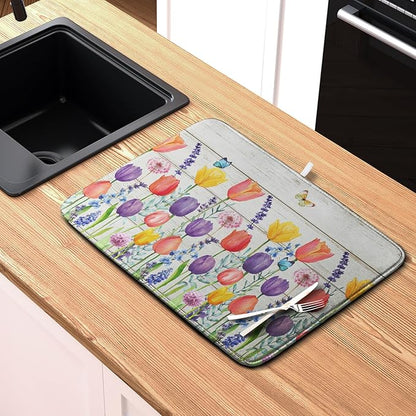 Tulip Floral Dish Drying Mat for Kitchen Counter Watercolor Spring Flower Dish Mat Absorbent Microfiber Dish Draining Mat Reversible Heat Resistant Dishes Pad Large 18 x 24 Inch - Image 6