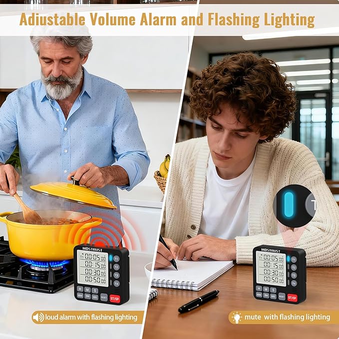 Digital Dual Kitchen Timer, 4 Channels Independent Countdown Timer, Large Display, On/Off, Loud Volume Alarm and Flashing Light with Magnetic Back, Stand, Battery Included (Black) - Image 3