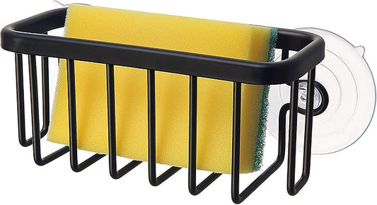 SunnyPoint NeverRust Kitchen & Bathroom Sink Caddy for Sponges, Scrubbers, Soap, 6" x 2.5" x 2.65", with Adhesive Mount - Additional Suction Cup Included –Aluminum (Black) by SunnyPoint
