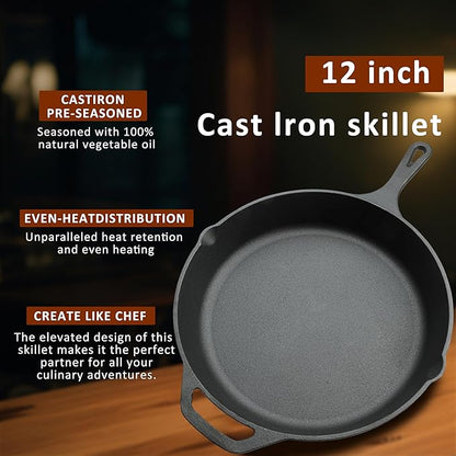12 Inch Cast Iron Skillet, Pre-Seasoned Frying Pan for Oven, Stovetop, Grill & Campfire, Durable, Non-Toxic, Even-Heating Cookware, Black - Image 3