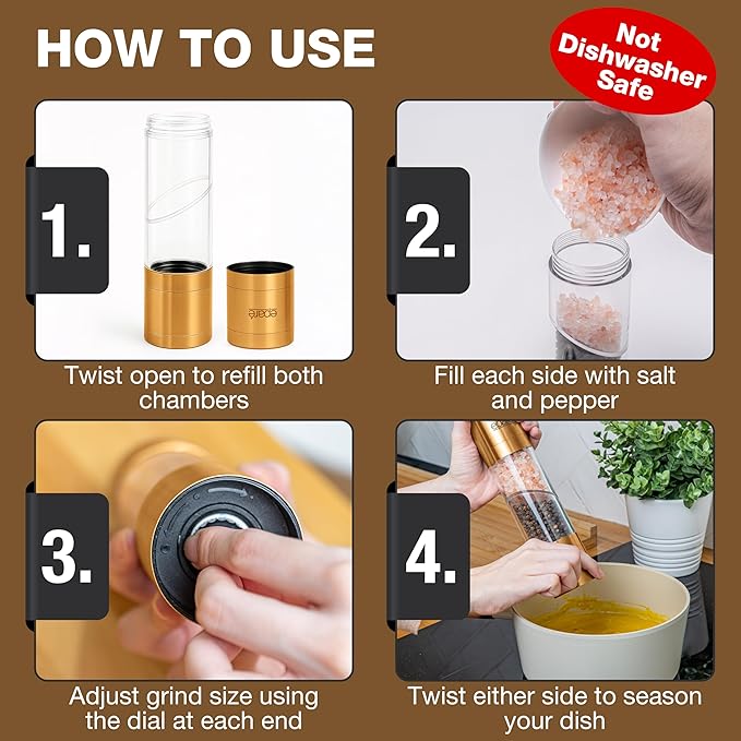 Eparé 2 in 1 Gold Salt and Pepper Grinder Combo - Brass All in One Dual Salt & Pepper Grinder Set in One for Kitchen - Manual Grinding Salt Pepper Mill Refillable - Stainless Steel - Image 4