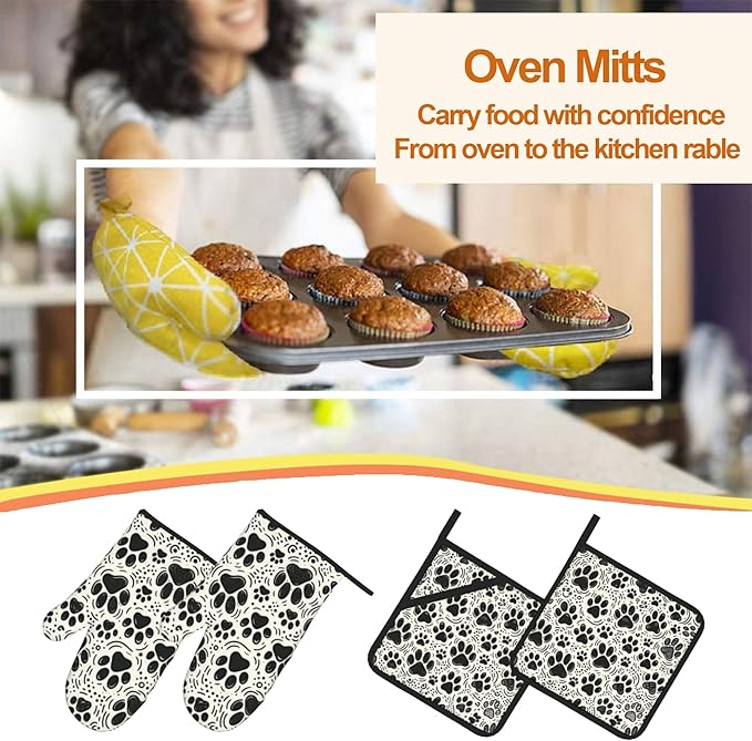 Black White Paw Oven Mitts & Potholder Set of 4 - Heat Resistant Kitchen Gloves Hot Pads for Baking, Cooking, Gifts for Women