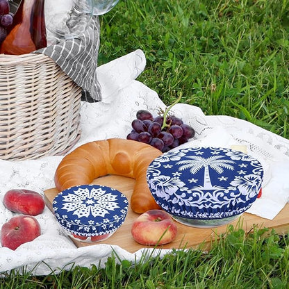 5 Pieces Bowl Covers Reusable, 5 Size Elastic Cloth Bowl Covers for Bread Proofing Stretch Food Covers Washable for Food Fruits Leftover (Blue Coconut Tree) - Image 7