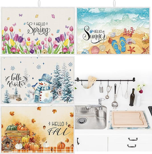 Teenyyou 4 Pcs Seasonal Dish Drying Mats for Kitchen 24"x 16" Winter Holiday Microfiber Absorbent Washable Drainer Mat for Counter Spring Summer Fall Home Accessories Decoration(Nature) by Teenyyou