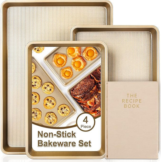 4 Pieces Bakeware Set | 3 Baking Pans & 1 Recipe Notebook Combo | Nonstick Cookie Sheets for Baking Supplies | No Rust & No Toxic Heavy Duty 3 Baking Trays 18''+15''+13'' & 1 Blank Recipe Book