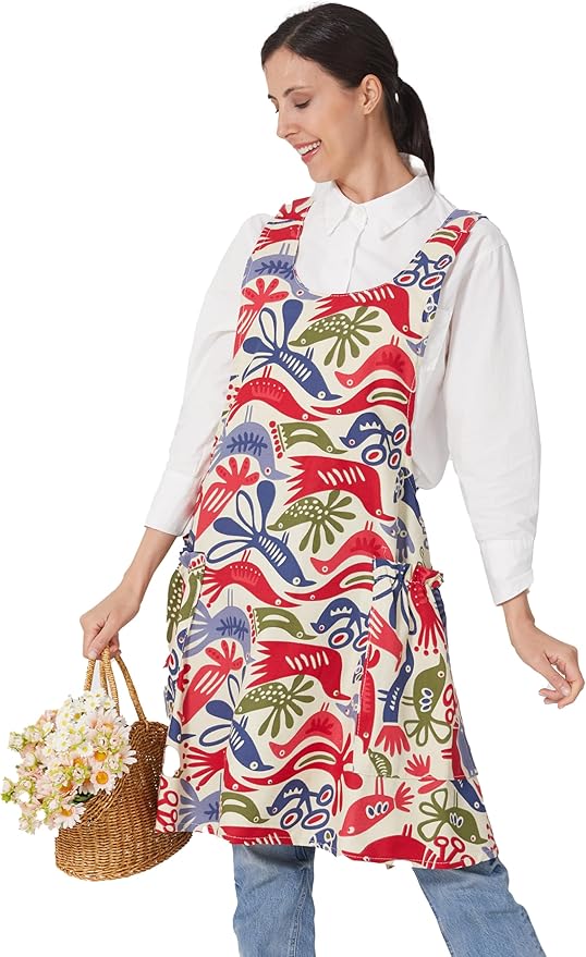Cozy Adjustable Cross Back Aprons for Women with Pockets Cotton Linen Cooking Kitchen Baking