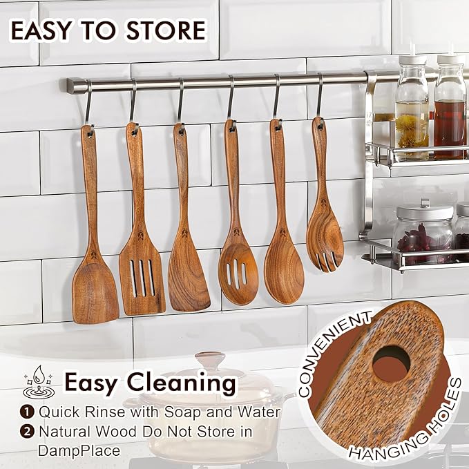 Wooden Spoons for Cooking, 6 Pcs Natural Teak Wooden Kitchen Utensils Set, Cooking Utensils Set with Long & Comfort Grip, Wooden Spoons Spatula Set Perfect for Non-Stick Cookware - Image 6