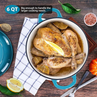 E-far 6 Quart Dutch Oven, Enameled Cast Iron Dutch Oven Pot with Lid, Nonstick Round Cookware for Braising/Stews/Roasting/Bread Baking/Cooking, Heavy Duty, Induction & Oven Safe - Teal Mist