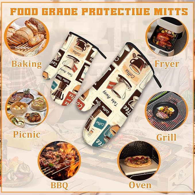 Vintage Coffee Oven Mitts and Pot Holders,Heat Resistant Oven Mitts Gloves and Pot Holder for Home Kitchen Decorations Cooking Baking BBQ Gifts,Set of 4
