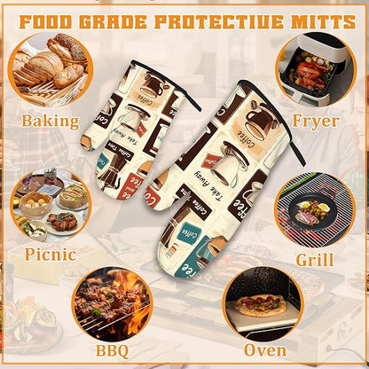 Vintage Coffee Oven Mitts and Pot Holders,Heat Resistant Oven Mitts Gloves and Pot Holder for Home Kitchen Decorations Cooking Baking BBQ Gifts,Set of 4
