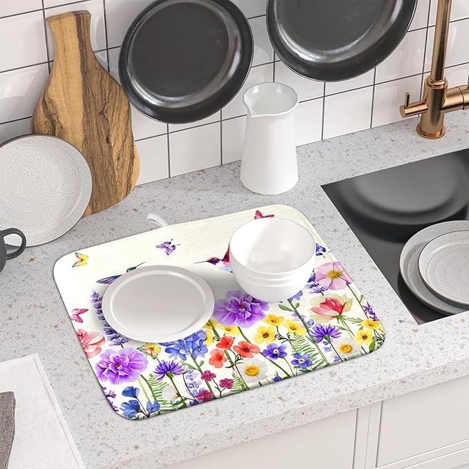 Giwawa Hummingbird Flower Dish Drying Mat 16x18 inch Watercolor Spring Herb Floral Dish Drainer Mats Wildflower Plant Reversible Microfiber Dish Drying Pad for Kitchen Countertop Small Decor