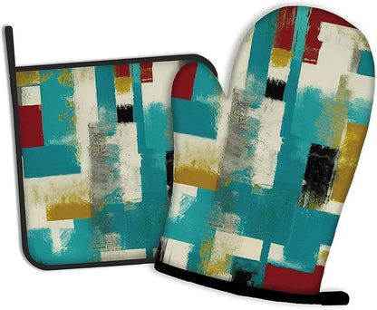 Painting with Red White Black and Yellow Oven Mitts and Pot Holders Kitchen Cooking Gloves 2 Pcs Set Heat Resistant Pad for Baking BBQ Home Decor