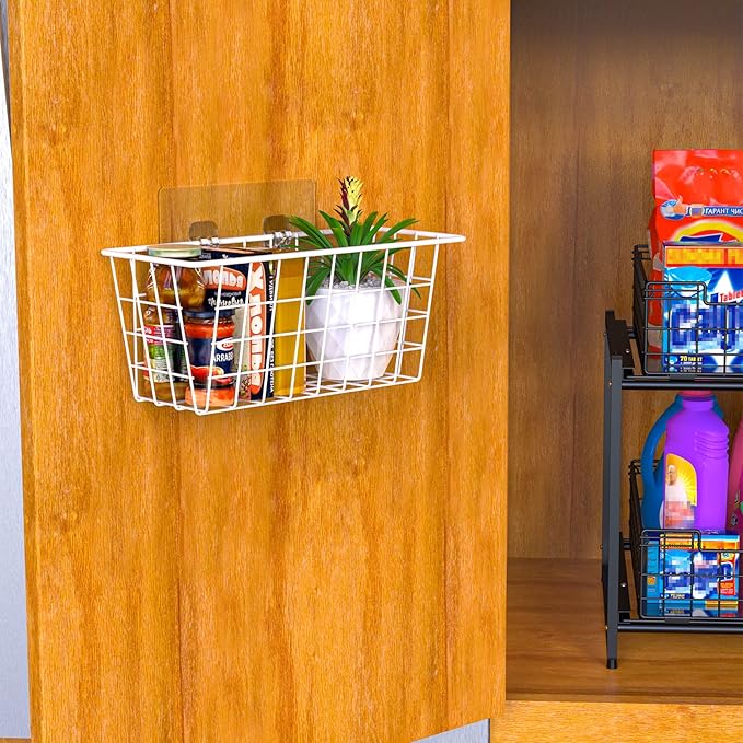 MaraFansie Wall Wire Baskets Bin No Drilling Adhesive Hanging Baskets Wall Mounted for Cabinet & Pantry Organization and Kitchen, Bathroom, Bedroom Storage, 2 Pack, White - Image 3