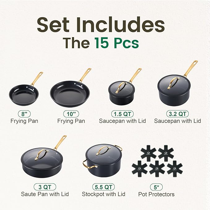 Chef Power Ceramic Cookware Sets, 15Pcs Pots and Pans Set Non Stick, Cookware Set with Stainless Steel Handle, Dishwasher & Oven Safe, Stone Black and Light Gold Handle