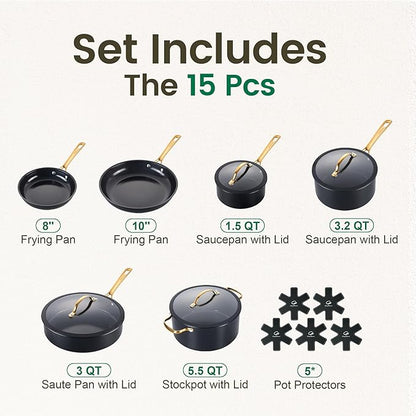 Chef Power Ceramic Cookware Sets, 15Pcs Pots and Pans Set Non Stick, Cookware Set with Stainless Steel Handle, Dishwasher & Oven Safe, Stone Black and Light Gold Handle