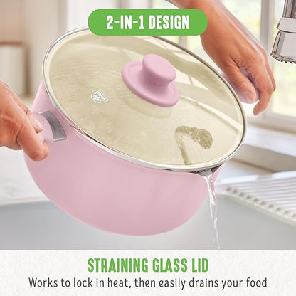 GreenLife 6QT Ceramic Nonstick Stockpot with Glass Straining Lid, PFAS-Free, Dishwasher Safe, Stay-Cool Handles, Oven Safe to 350°F, Wobble-Free Base, Even Heating, Pink - Image 7