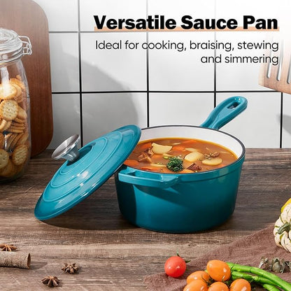 Homikit Cast Iron Sauce Pan, 1 Quart Enameled Cast Iron Saucepan with Lid for All Cooktops, Small Pot Mini Dutch Oven for Kitchen Cooking, Boiling, Nonstick & Heavy Duty, Teal Ombre