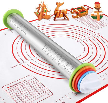 Stainless Steel Rolling Pin and Silicone Mat Set, Adjustable Thickness Rings - For Baking Dough, Pizza, Pies, Pastries, Pasta, Cookies by Vinoil