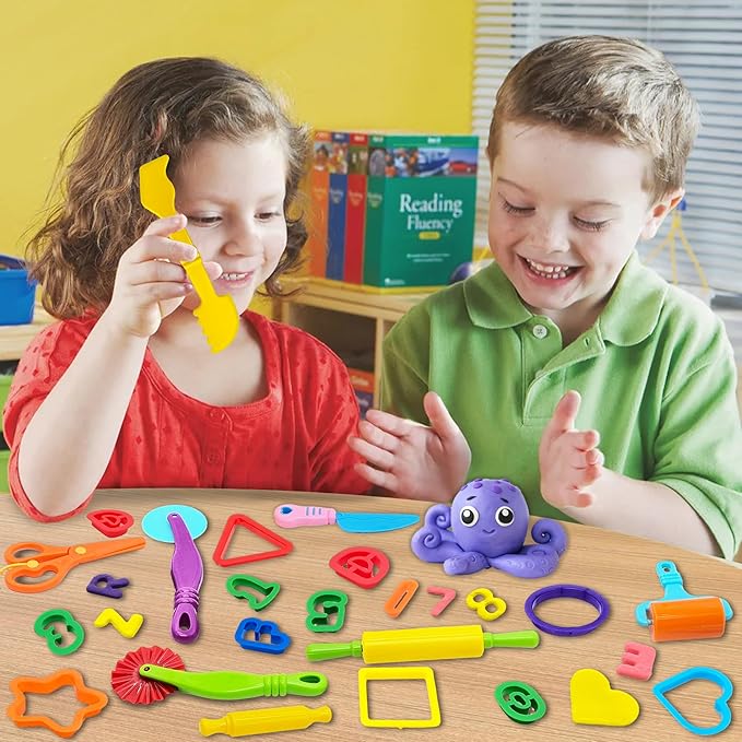 iShyan Dough Tools 55 PCS Dough Play Tools Set for Kids, Plastic Alphabet Numbers Shapes Cutters, Rollers, Scissors - Image 6