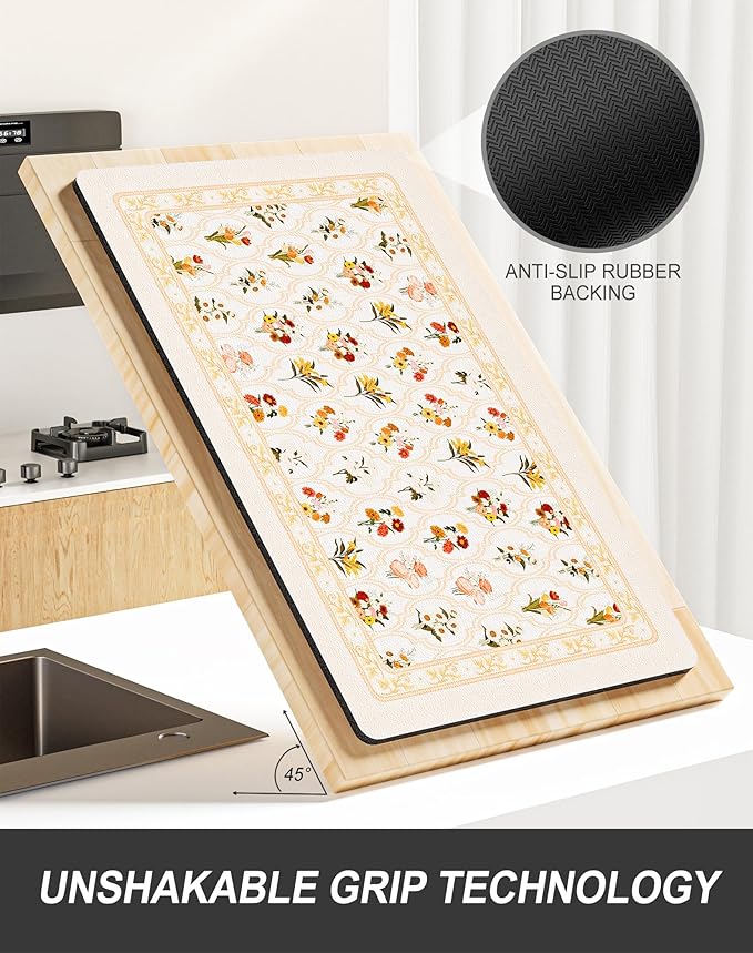 Rnivvi Dish Drying Mat for Kitchen Counter, 12 x 19" Cute Flower Theme Super Absorbent Draining Pad, Non-Slip Heat Resistant Coffee Bar Mat for Coffee Machine Station Accessories, Beige Dish Rack Pad - Image 5