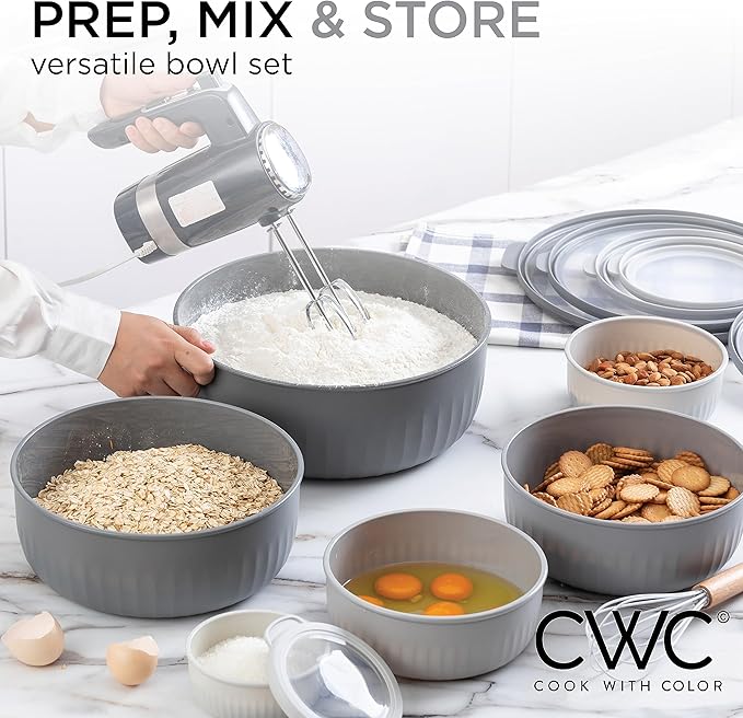 COOK WITH COLOR Prep Bowls with Lids- Wide and Deep Nesting Plastic Small Mixing Bowl Set with Lids, 12 Piece Set - Wide Bowls, Gray - Image 6