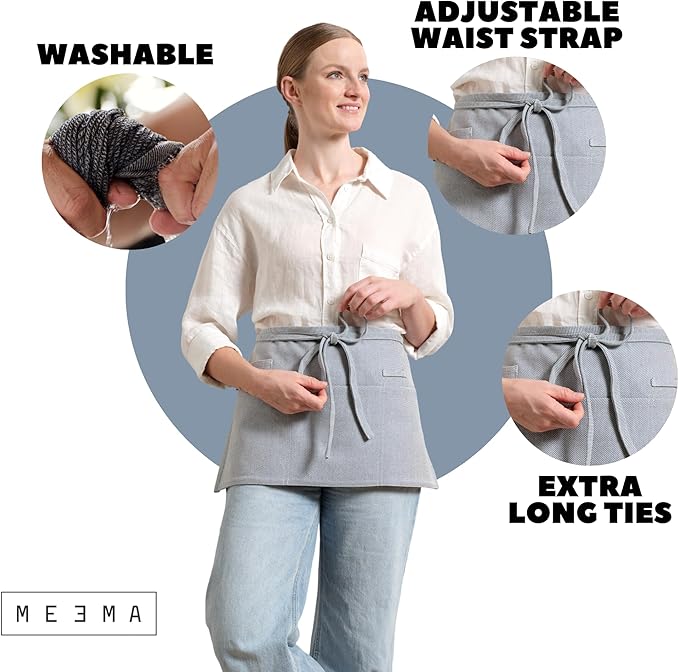 MEEMA Chef Waist Apron Cotton Fabric |Washable & Breathable Waitress & Server Half Aprons for Women with Pockets & Long Waist Straps | Cooking, Baking, Grilling & Crafting