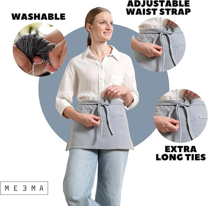 MEEMA Chef Waist Apron Cotton Fabric |Washable & Breathable Waitress & Server Half Aprons for Women with Pockets & Long Waist Straps | Cooking, Baking, Grilling & Crafting