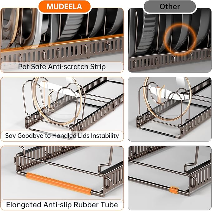 MUDEELA Pots and Pans Organizer under Cabinet, Expandable Pan Lids Organizers inside Cabinet with 12 Adjustable Dividers, Kitchen Storage Organization Pot Holder Cookie Sheet, Cutting Board Organizer - Image 4