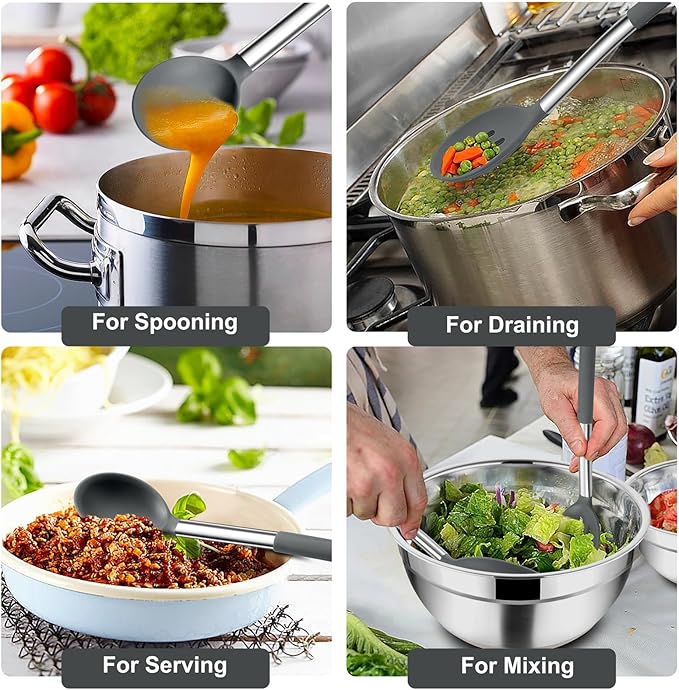 TeamFar Kitchen Utensils, 4PCS Heat-proof Silicone Cooking Utensils Set Slotted Spatula Solid Turner Spoon with Stainless Steel Handle, for Non-stick Cookware Flipping, Frying, Draining – Gray - Image 4