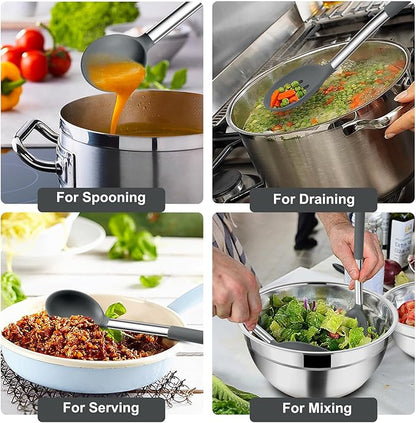 TeamFar Kitchen Utensils, 4PCS Heat-proof Silicone Cooking Utensils Set Slotted Spatula Solid Turner Spoon with Stainless Steel Handle, for Non-stick Cookware Flipping, Frying, Draining – Gray - Image 4